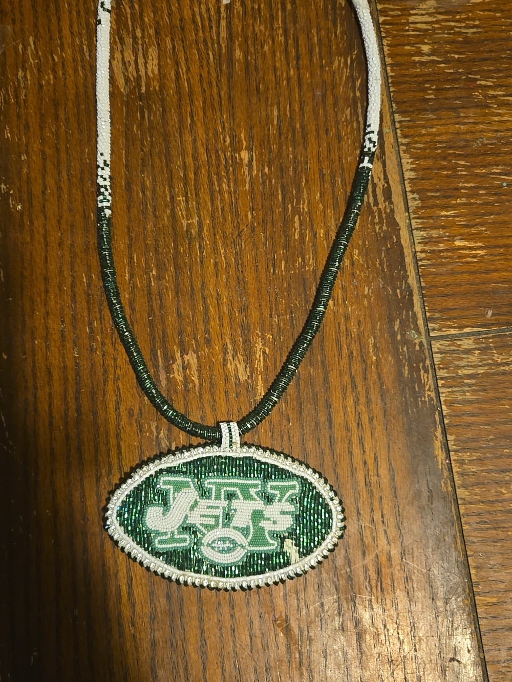 Green Beaded Necklace with New York Jets Team Pendant